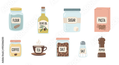 Pantry staples and kitchen ingredients collection featuring various food items, spices, and beverages essential for everyday cooking and baking.