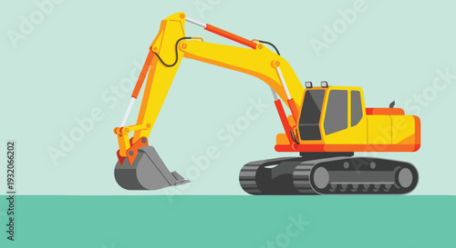 A vibrant, cartoon-style vector illustration depicts a yellow and orange hydraulic excavator with a grey bucket on a light green background.