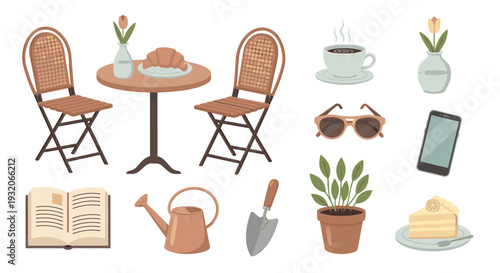 Collection of various everyday objects for leisure, cafe, and gardening activities, presented as a charming flat vector illustration.