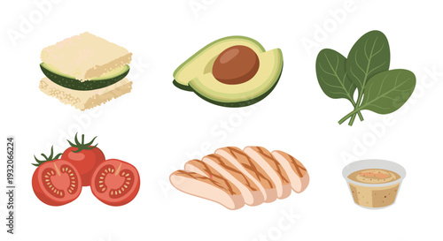 Fresh healthy food ingredients including avocado, spinach, tomatoes, grilled chicken, and a sandwich are arranged for a nutritious meal.