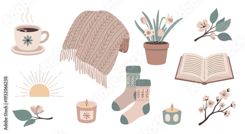 Cozy autumn winter comfort items collection featuring a warm mug, soft blanket, blooming flowers, and an open book, perfect for a relaxing day at home.