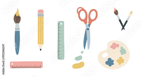 Various colorful school and art supplies are neatly arranged, showcasing essential tools for creativity, education, and artistic expression.