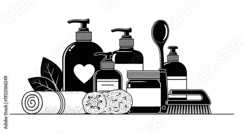 Black and white illustration of bathroom products arranged on a surface