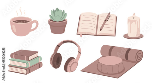 Various self-care relaxation items including a hot drink, succulent plant, open notebook, candle, books, headphones, and yoga mat for a peaceful lifestyle.