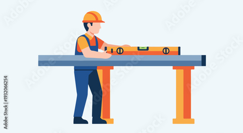 A construction worker in a hard hat and overalls precisely uses a spirit level to check a long blue beam on a job site.