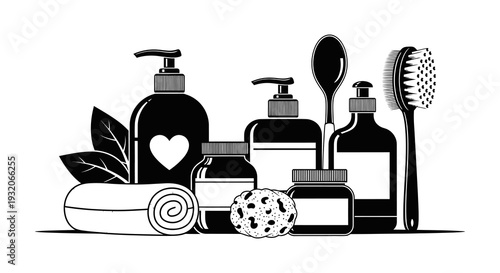 Black and white illustration of various bathroom and personal care items