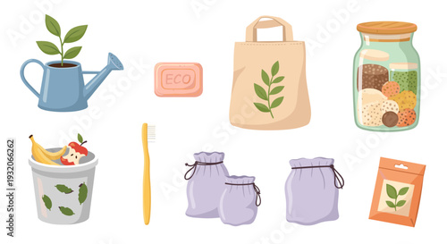 Various eco-friendly products for sustainable living and zero waste, including reusable bags, a plant, soap, and a toothbrush, promoting environmental responsibility.