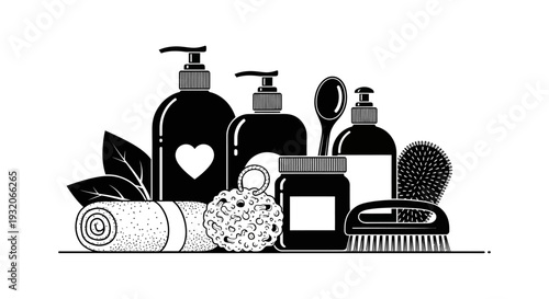 Black and white illustration of bathroom essentials including soap lotion and cleaning supplies