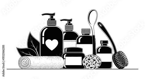 Black and white illustration of bathroom essentials soap lotion and bath accessories