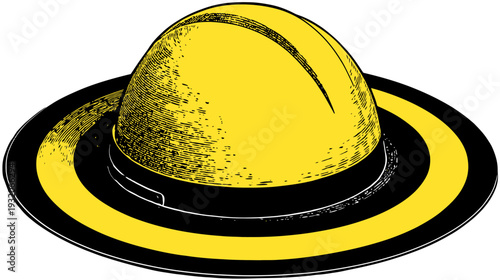A yellow hard hat with a black brim in an illustration style, viewed from an angle