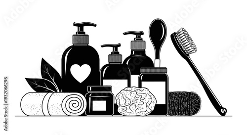 Black and white illustration of bathroom products including soap lotion and brushes