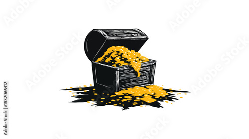 Illustration of a wooden chest overflowing with golden treasure, cast shadows on a white background