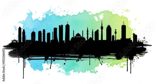City skyline silhouette against a vibrant watercolor wash of blue and green hues