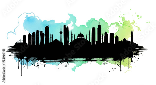 Istanbul skyline silhouette against a colorful watercolor wash background high quality