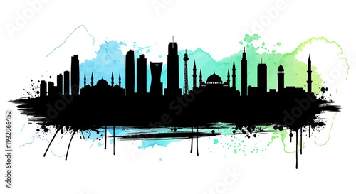 Watercolor skyline silhouette of a city with modern and traditional architecture