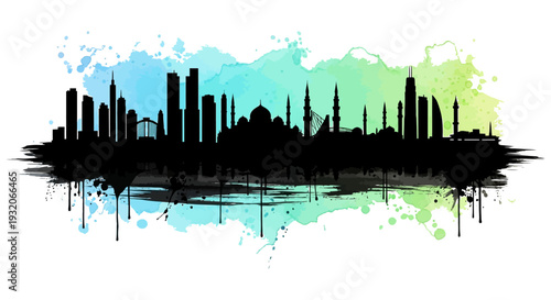 Watercolor skyline silhouette of a city likely chicago with vibrant colors