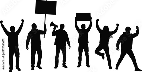 Black silhouette vector illustration of protest activists, people with signs, megaphone demonstration, social movement, activism, solidarity, resistance, public gathering, collective action