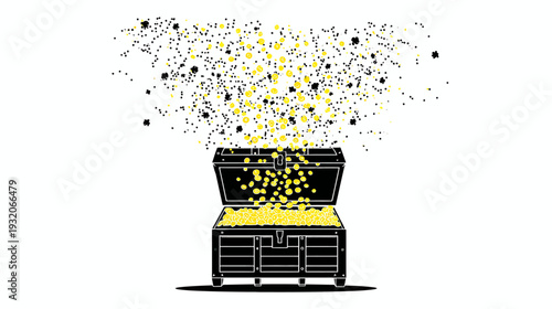 A black treasure chest, bursting with gold coins, with smaller gold and black specks rising above