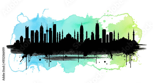 Watercolor skyline silhouette of a city with prominent skyscrapers and domes