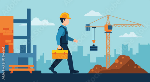 A construction worker with a toolbox walks past a building site featuring a crane, structures, and dirt piles under a clear sky.