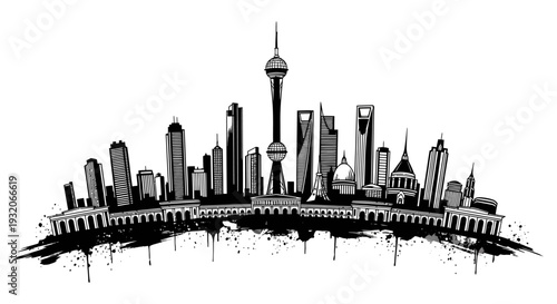 Shanghai skyline illustration in black and white featuring prominent towers and buildings