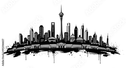 Shanghai skyline illustration in black and white featuring the oriental pearl tower