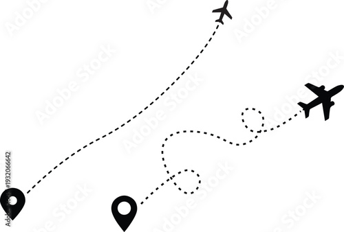 Airplane flight route map with dotted lines and location pins