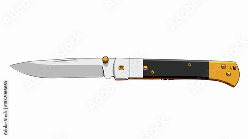Illustration of a knife with a stainless steel blade and a black and gold handle