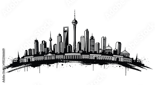 Shanghai skyline illustration with iconic buildings and artistic splatter effect