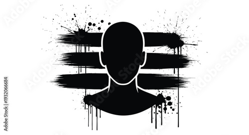 Abstract black silhouette of a human head with paint splatter background