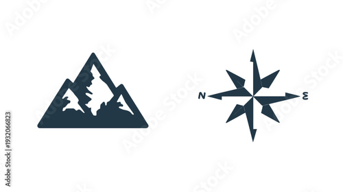 Two graphical icons depicting outdoor themes mountains and a compass rose, on a white backdrop