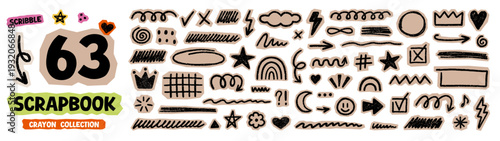 Scrapbook crayon elements doodle set. Chalk cutout scribble shapes and brush lines Hand drawn check mark, arrows, stars and hearts in sketch style. Vector illustration isolated on white background