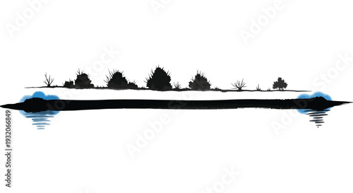 Minimalist ink wash painting of a landscape with water reflection