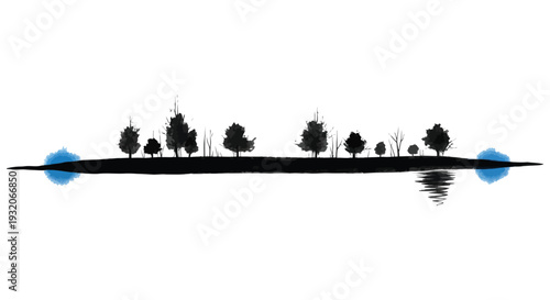 Minimalist landscape featuring silhouetted trees and a reflective water scene