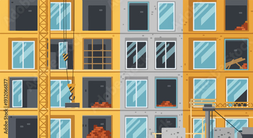 A vibrant vector illustration shows a multi-story building under construction, with completed sections, raw interiors, and scaffolding.