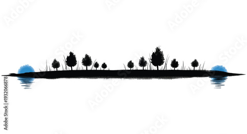 Silhouette of trees and land reflected in blue water minimalist design