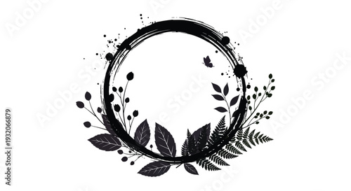 Black circular brushstroke with botanical elements and a delicate butterfly