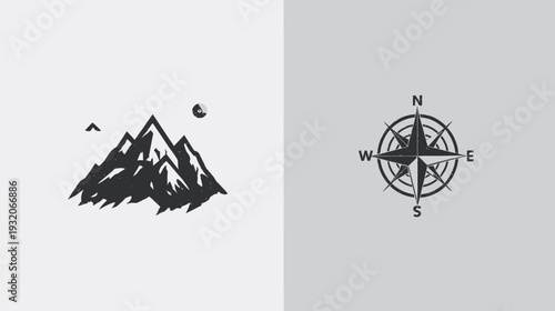 Stylized split composition with mountain silhouettes and a compass rose design