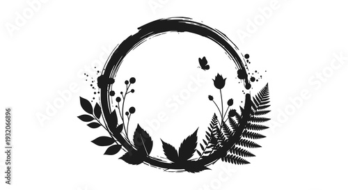 Black floral wreath with brushstroke circle and botanical elements high quality