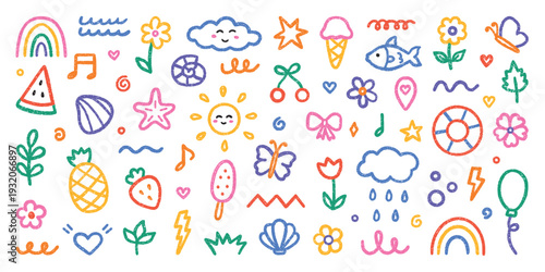 Crayon summer kids icons set and chalk kindergarten hand drawn doodle set. Cute pencil preschool elements. Hand drawn childish scribble rainbow, sun, flower, cloud in sketch style