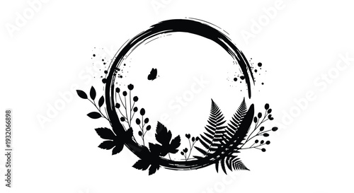 Black ink circle with botanical elements and scattered droplets on white background