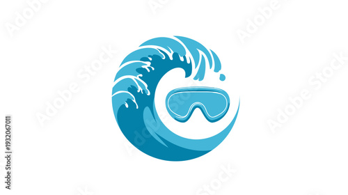 A stylized ocean wave with a pair of diving goggles nestled in the crest. The image is on a white background