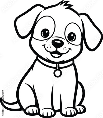 Cute cartoon dog sitting and smiling with big eyes, Coloring page. Vector illustration.