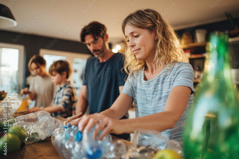 Obraz premium Family sorting plastic bottles for recycling together in a cozy kitchen, teaching children about sustainability and eco-friendly living at home.