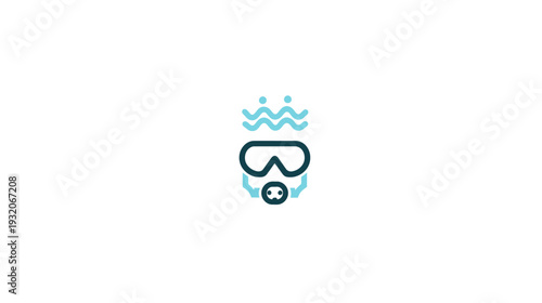 A stylized illustration depicting a diver's mask, snorkel, and waves in teal and dark blue