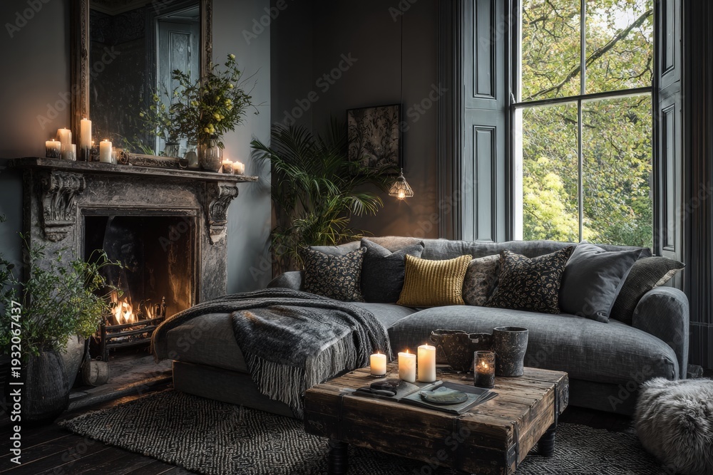 Fototapeta premium Cozy dark living room with fireplace, candles, and grey sofa by large window overlooking green trees, styled with rustic wood coffee table and soft textiles.