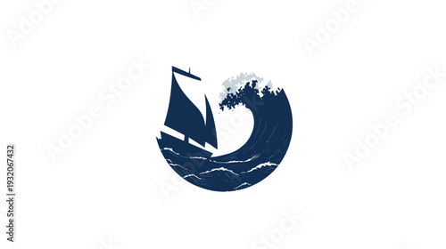 A dark blue sailing ship faces a large wave in a circular composition on a white background