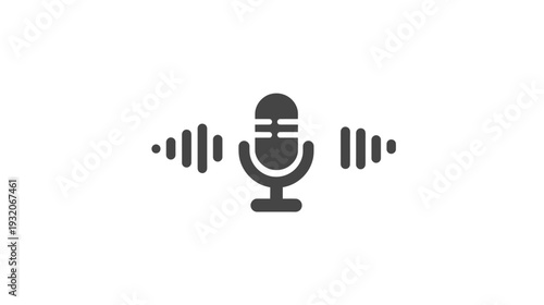 A gray microphone icon with soundwaves, isolated on a white background, recording or broadcasting