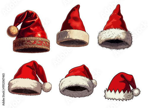 Set of 6 Christmas Santa hats vector