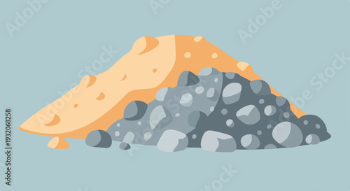 A vector illustration displays distinct piles of golden sand and grey gravel on a light blue background, representing construction materials.